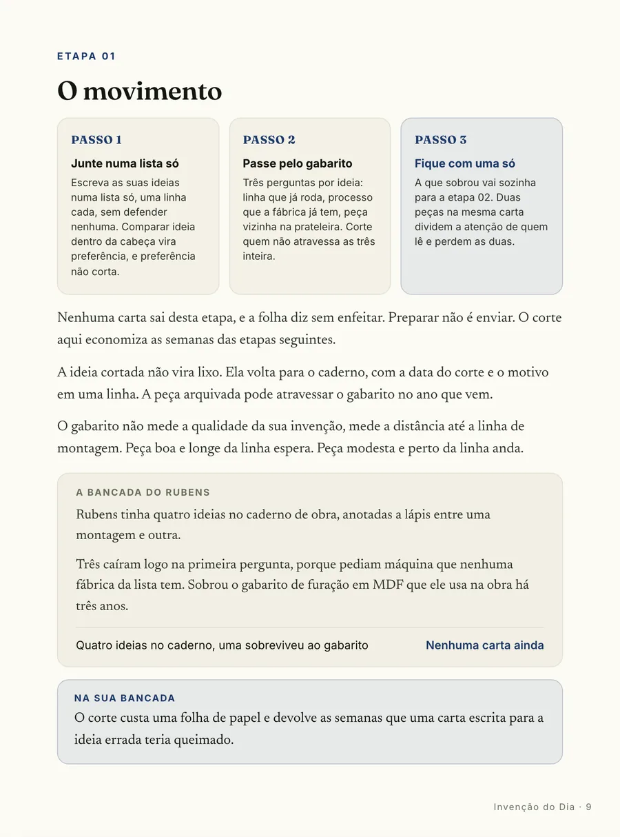 Passo a passo: O movimento em três passos: junte numa lista só, passe pelo gabarito de três perguntas, fique com uma